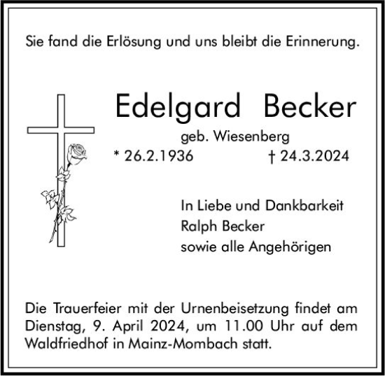 Traueranzeige von Edelgard Becker von Allgemeine Zeitung Bingen/Ingelheim