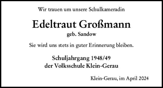 Traueranzeige von Edeltraut Großmann von Groß-Gerauer Echo