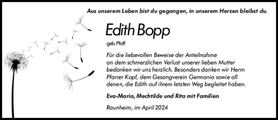 Traueranzeige von Edith Bopp von Rüsselsheimer Echo