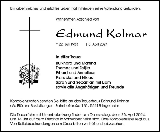 Traueranzeige von Edmund Kolmar von Allgemeine Zeitung Bingen/Ingelheim