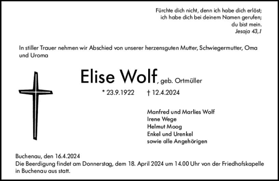 Traueranzeige von Elise Wolf von Hinterländer Anzeiger