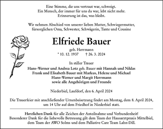 Traueranzeige von Elfriede Bauer von Wetzlarer Neue Zeitung