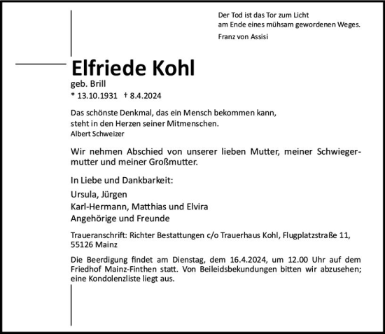 Traueranzeige von Elfriede Kohl von Allgemeine Zeitung Mainz