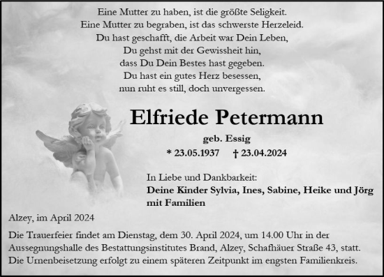 Traueranzeige von Elfriede Petermann von Allgemeine Zeitung Alzey