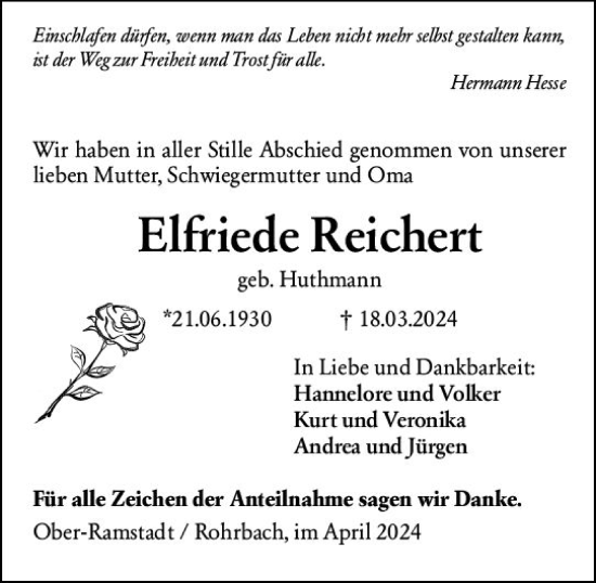 Traueranzeige von Elfriede Reichert von Darmstädter Echo