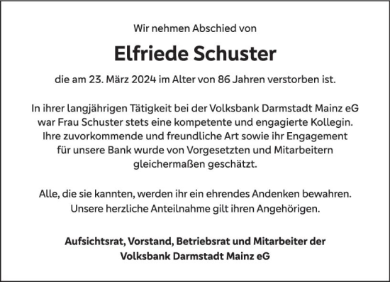 Traueranzeige von Elfriede Schuster von Groß-Gerauer Echo