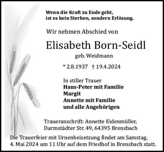 Traueranzeige von Elisabeth Born-Seidl von Odenwälder Echo