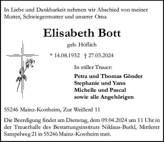 Traueranzeige von Elisabeth Bott von Allgemeine Zeitung Mainz