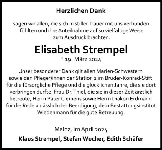Traueranzeige von Elisabeth Strempel von Allgemeine Zeitung Mainz