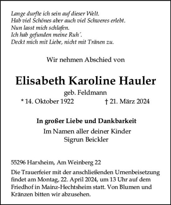 Traueranzeige von Elisabeth Karoline Hauler von Allgemeine Zeitung Mainz