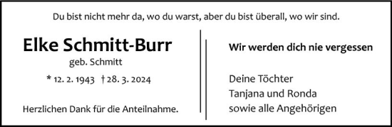 Traueranzeige von Elke Schmitt-Burr von Wetzlarer Neue Zeitung