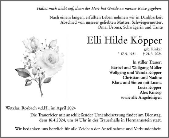 Traueranzeige von Elli Hilde Köpper von Wetzlarer Neue Zeitung