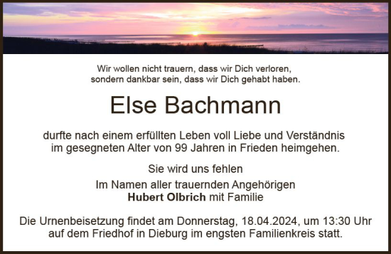Traueranzeige von Else Bachmann von Dieburger Anzeiger/Groß-Zimmerner Lokal-Anzeiger