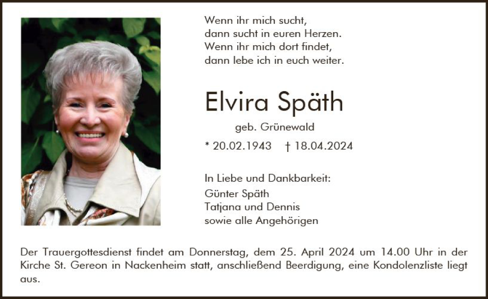  Traueranzeige für Elvira Späth vom 20.04.2024 aus Allgemeine Zeitung Mainz