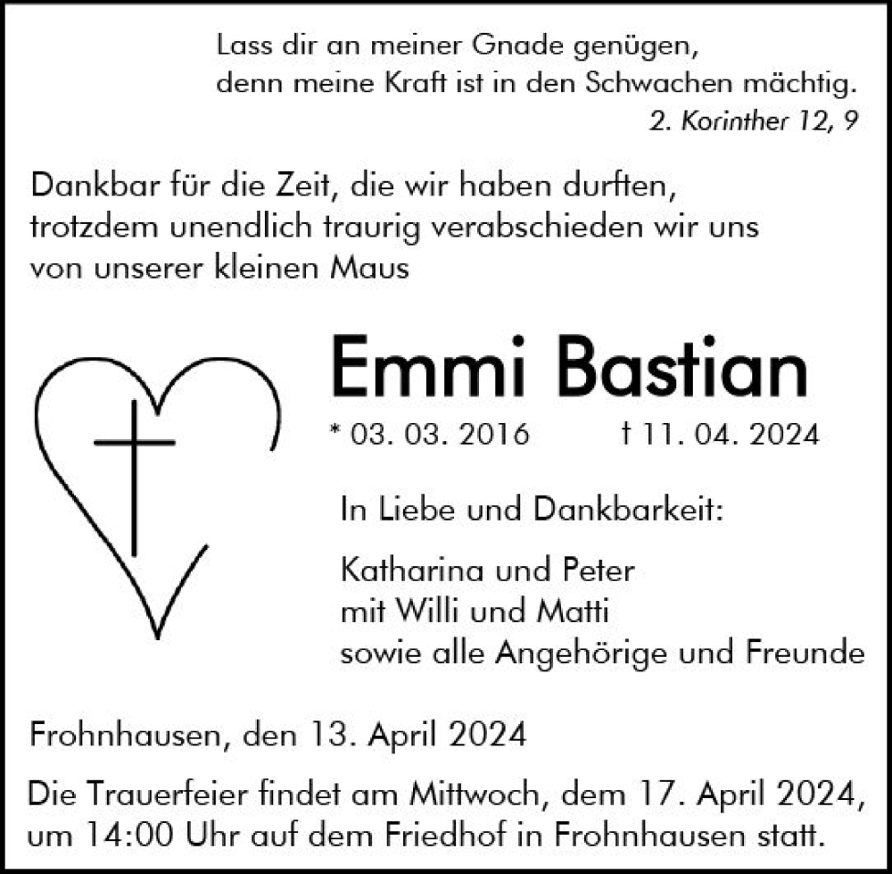  Traueranzeige für Emmi Bastian vom 13.04.2024 aus Dill Block