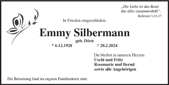 Traueranzeige von Emmy Silbermann von Wiesbadener Kurier