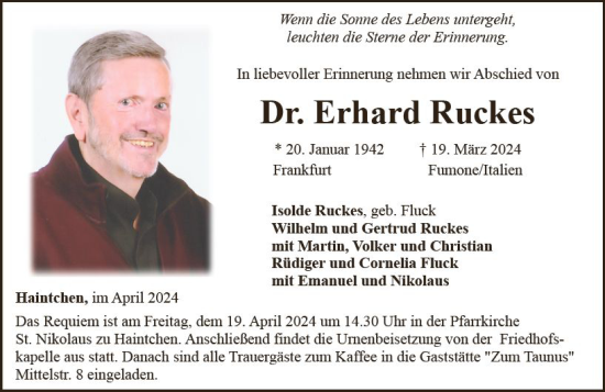 Traueranzeige von Erhard Ruckes von Nassauische Neue Presse