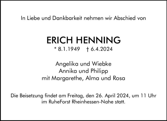 Traueranzeige von Erich Henning von Allgemeine Zeitung Bad Kreuznach