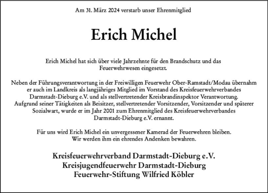 Traueranzeige von Erich Michel von Darmstädter Echo