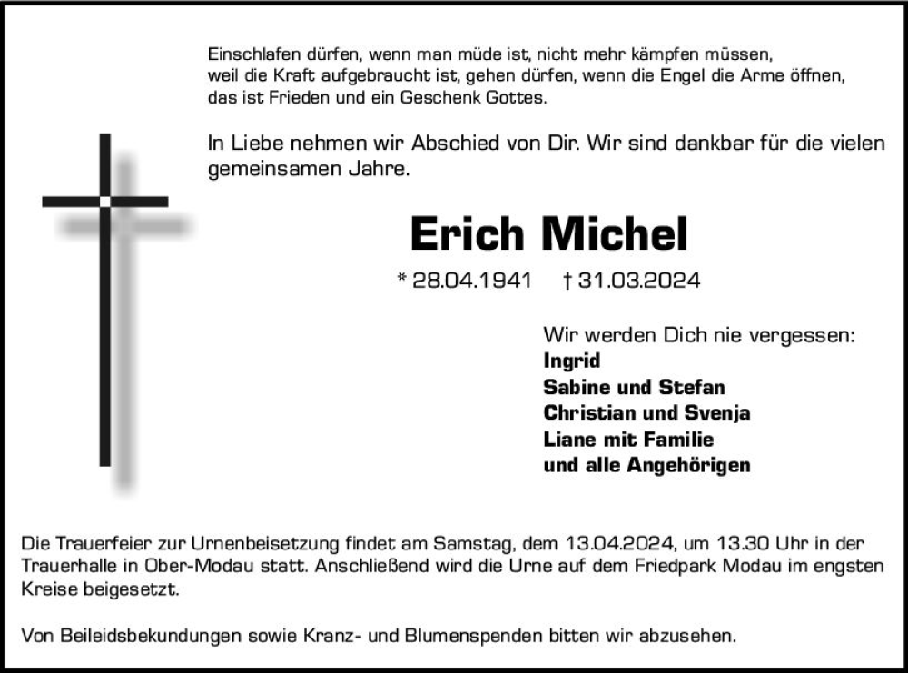  Traueranzeige für Erich Michel vom 06.04.2024 aus Darmstädter Echo