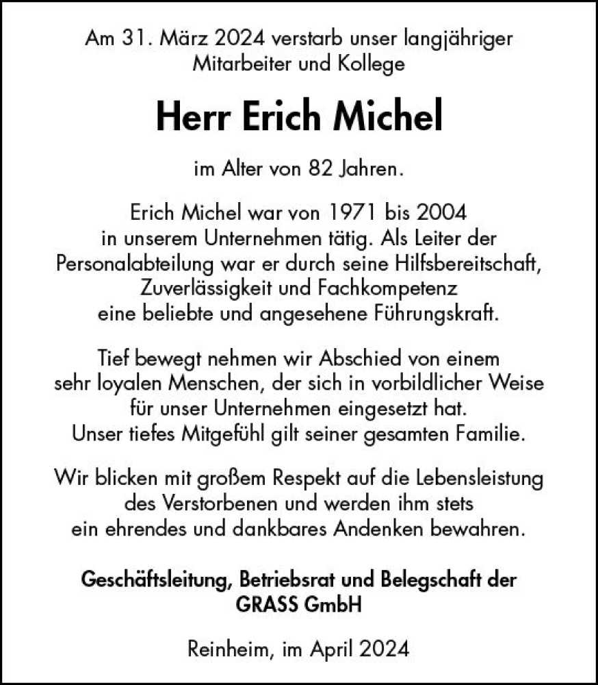  Traueranzeige für Erich Michel vom 06.04.2024 aus Darmstädter Echo