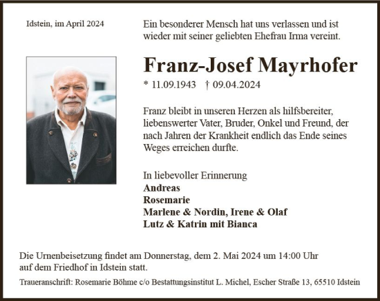Traueranzeige von Franz-Josef Mayrhofer von Idsteiner Land/Untertaunus