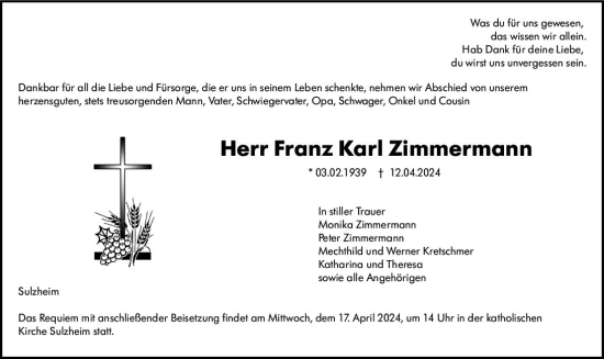 Traueranzeige von Franz Karl Zimmermann von Allgemeine Zeitung Alzey