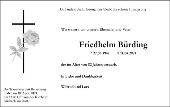 Traueranzeige von Friedhelm Bürding von Wetzlarer Neue Zeitung