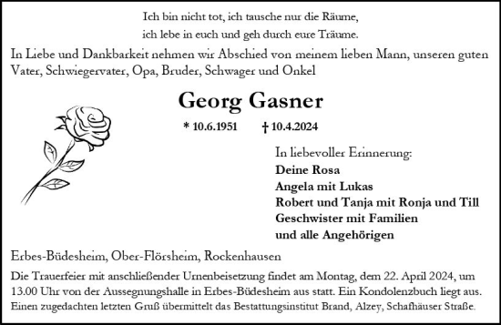 Traueranzeige von Georg Gasner von Allgemeine Zeitung Alzey