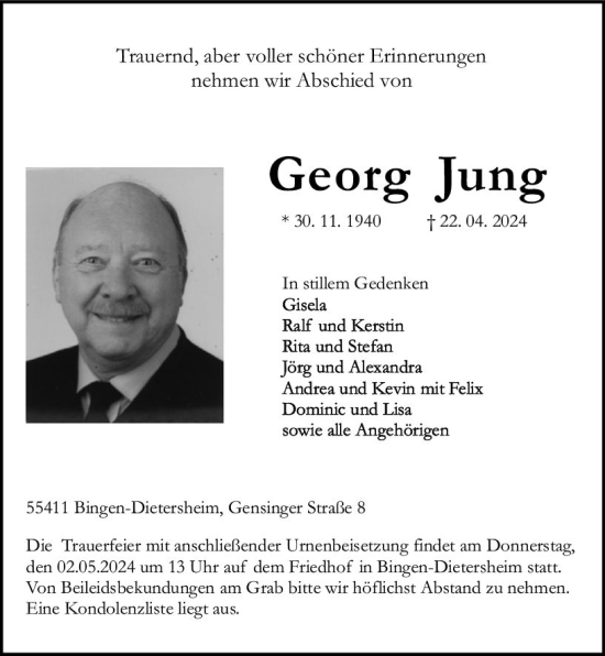 Traueranzeige von Georg Jung von Allgemeine Zeitung Bingen/Ingelheim