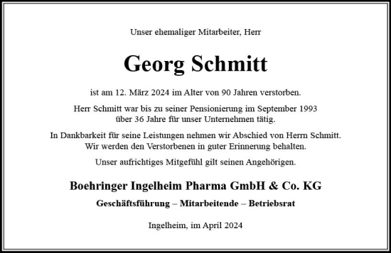 Traueranzeige von Georg Schmitt von Allgemeine Zeitung Bingen/Ingelheim