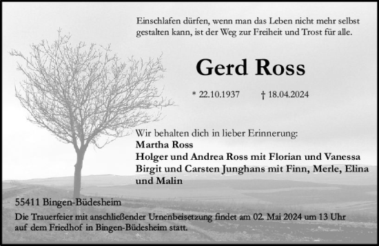 Traueranzeige von Gerd Ross von Allgemeine Zeitung Bingen/Ingelheim