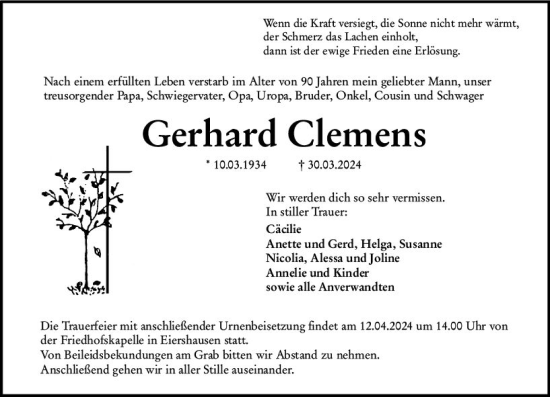 Traueranzeige von Gerhard Clemens von Dill Block