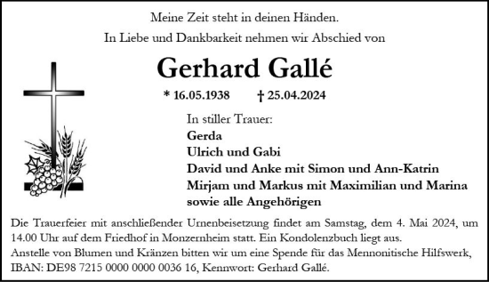 Traueranzeige von Gerhard Galle von Wormser Zeitung