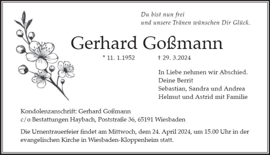 Traueranzeige von Gerhard Goßmann von Wiesbadener Kurier