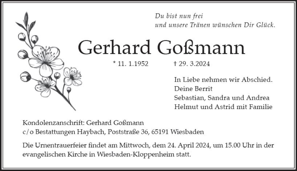 Traueranzeige für Gerhard Goßmann vom 06.04.2024 aus Wiesbadener Kurier