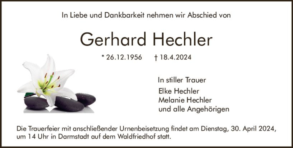  Traueranzeige für Gerhard Hechler vom 27.04.2024 aus Darmstädter Echo