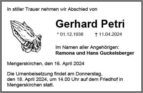 Traueranzeige von Gerhard Petri von Weilburger Tageblatt
