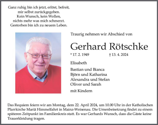 Traueranzeige von Gerhard Rötschke von Allgemeine Zeitung Mainz