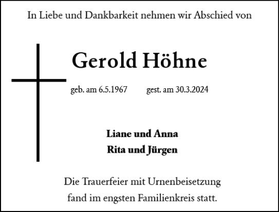 Traueranzeige von Gerold Höhne von Wiesbadener Kurier