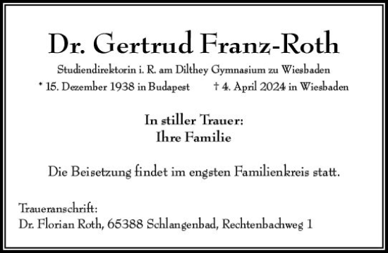 Traueranzeige von Gertrud Franz-Roth von Wiesbadener Kurier