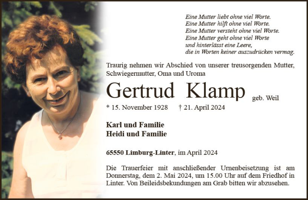  Traueranzeige für Gertrud Klamp vom 27.04.2024 aus Nassauische Neue Presse