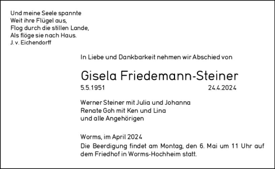 Traueranzeige von Gisela Friedemann-Steiner von Wormser Zeitung
