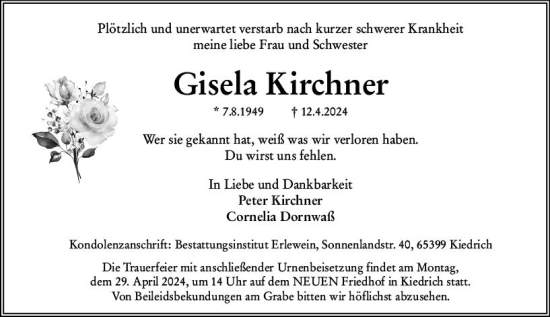 Traueranzeige von Gisela Kirchner von Rheingau Kurier