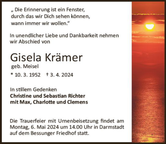 Traueranzeige von Gisela Krämer von Darmstädter Echo