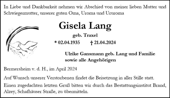Traueranzeige von Gisela Lang von Allgemeine Zeitung Alzey
