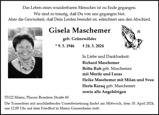 Traueranzeige von Gisela Maschemer von Allgemeine Zeitung Mainz