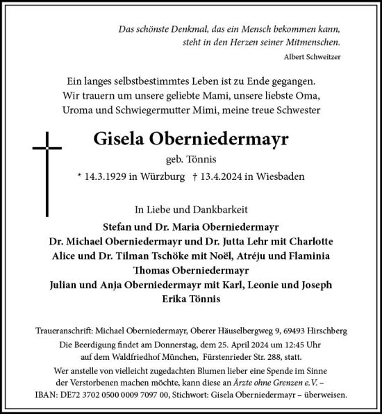 Traueranzeige von Gisela Oberniedermayr von Wiesbadener Kurier