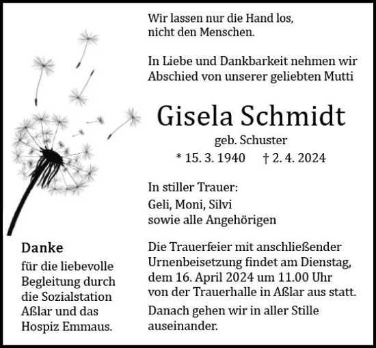 Traueranzeige von Gisela Schmidt von Wetzlarer Neue Zeitung