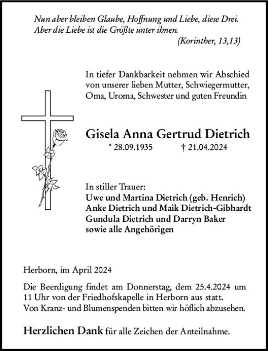 Traueranzeige von Gisela Anna Gertrud Dietrich von Dill Block